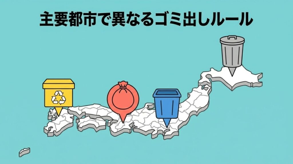 日本地図の上に異なるゴミ箱が配置され、主要都市でルールが違うことを示すイメージ。