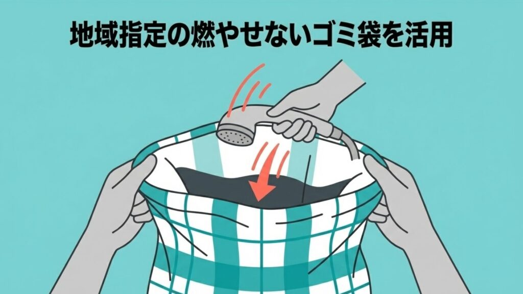 地域指定のチェック柄のゴミ袋にシャワーヘッドを入れる様子。