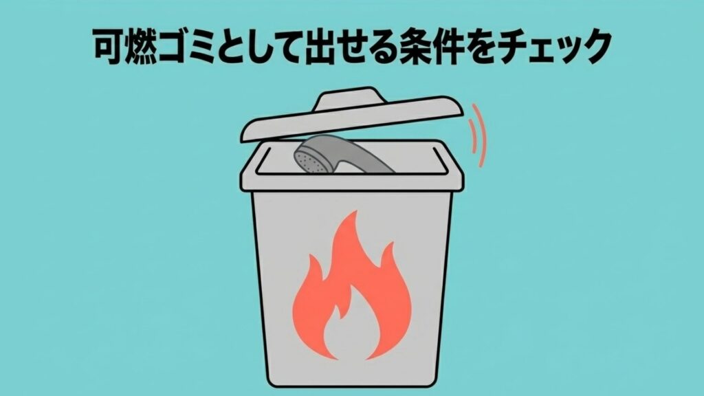 燃えるゴミのマークが入ったゴミ箱にシャワーヘッドを捨てる際の条件チェックイメージ。