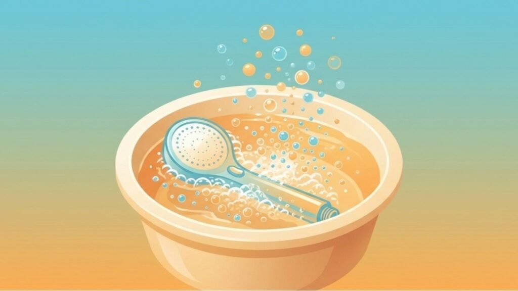 洗面器のお湯にシャワーヘッドを入れてつけおき洗いをしているイラスト