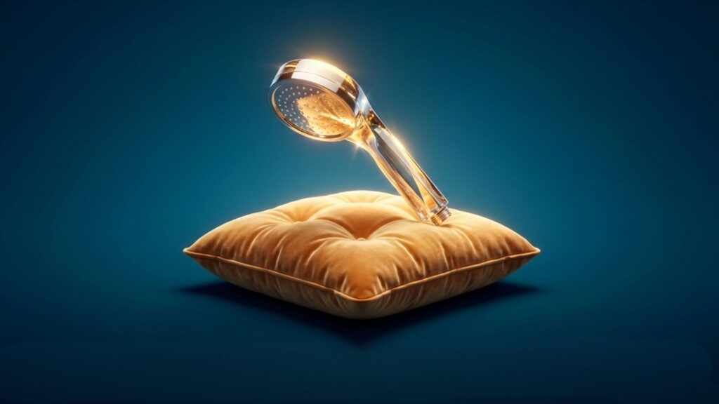 高級感のある金色のシャワーヘッドがクッションに置かれたイメージ