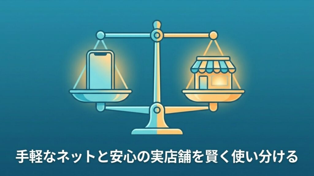 スマートフォンでのネット通販と実店舗を天秤にかけて比較するイラスト