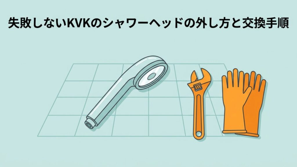 シャワーヘッド、レンチ、ゴム手袋のイラストと「失敗しないKVKのシャワーヘッドの外し方と交換手順」のタイトル文字