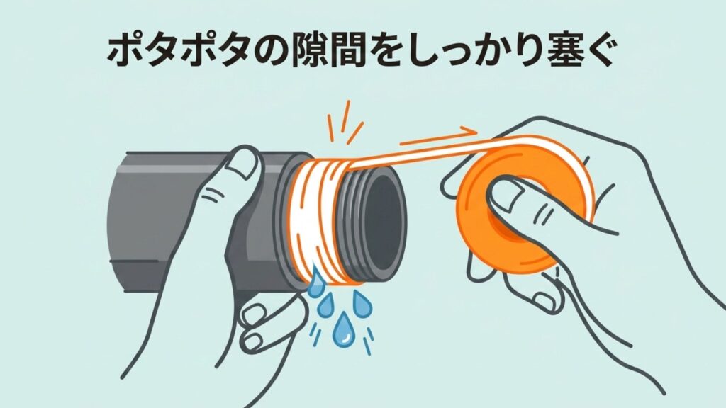 ネジ山から水滴が漏れている接続部に、白いシールテープを巻き付けて水漏れを塞いでいるイラスト