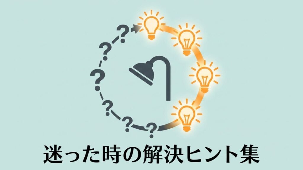シャワーヘッドのアイコンの周りに、疑問符（はてなマーク）と解決を示す電球マークが円を描いて並んでいるイラスト