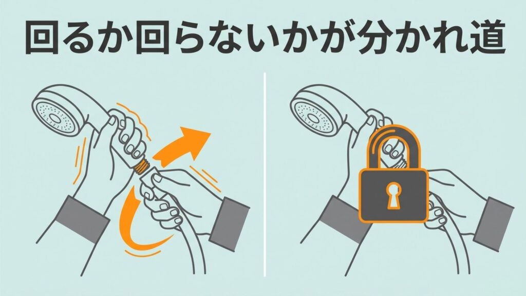 シャワーヘッドを回して外すイラストと、鍵穴のマークで一体型・分離型の構造の違いを表現した図