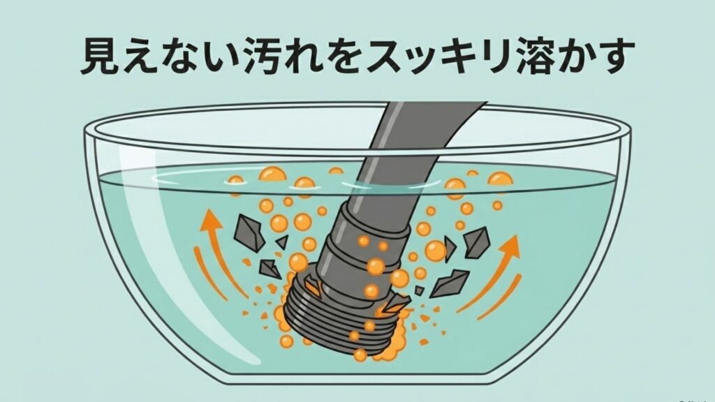 クエン酸水を入れた透明な洗面器にシャワーホースの金属部分を浸け、固着した水垢の汚れを溶かしているイラスト