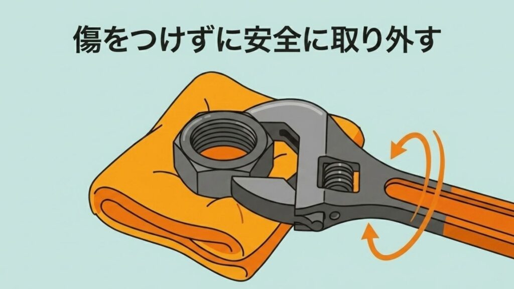 金属ナットにオレンジ色の保護布（養生）を巻き付け、その上からレンチを使って傷をつけずに回すイラスト