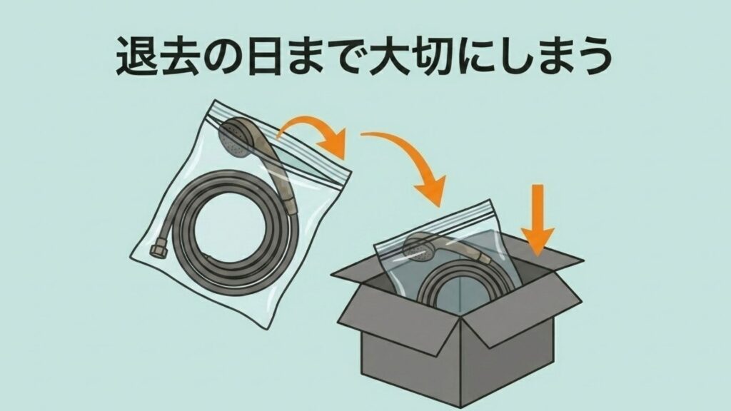 取り外したシャワーヘッドとホースを透明な密閉袋に入れ、さらに段ボール箱に丁寧に収納しているイラスト