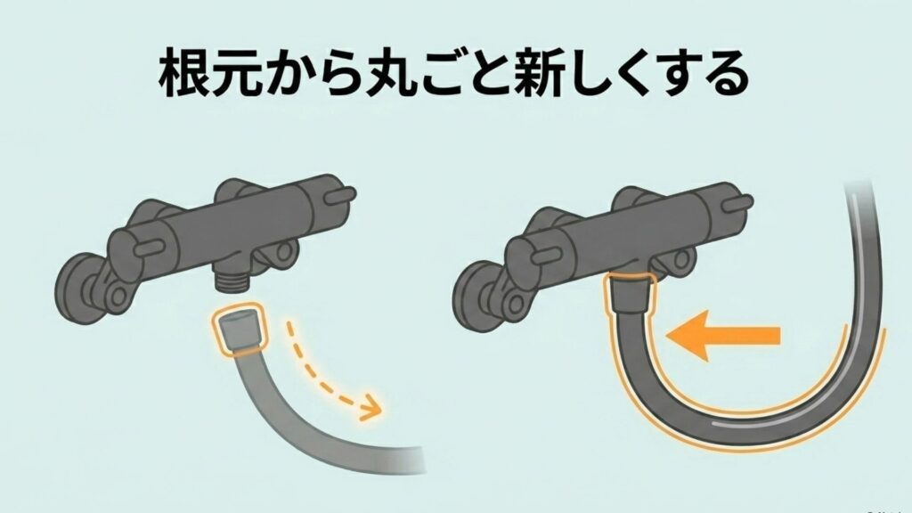 壁に設置された水栓（蛇口）本体から、シャワーホースを根元の金具ごと取り外しているイラスト