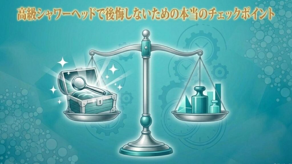 高級シャワーヘッド購入で後悔しないためのチェックポイントを天秤にかけて比較しているイラスト