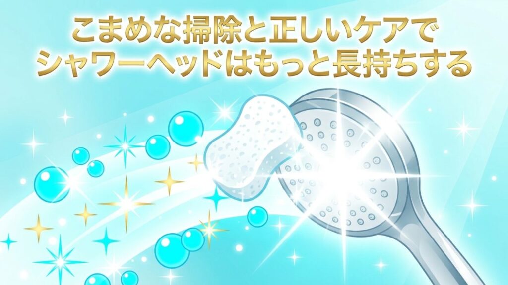 こまめな掃除と正しいケアでシャワーヘッドが長持ちすることを示す手入れの図