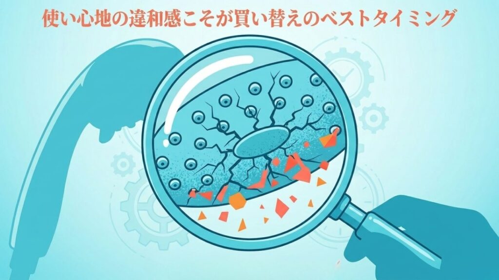 シャワーヘッド内部の微細なヒビや劣化を虫眼鏡で確認している様子を示すイラスト