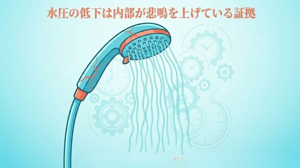 シャワーヘッド本体にヒビが入り、水圧が弱く糸を引くように水が出ている状態を示すイラスト