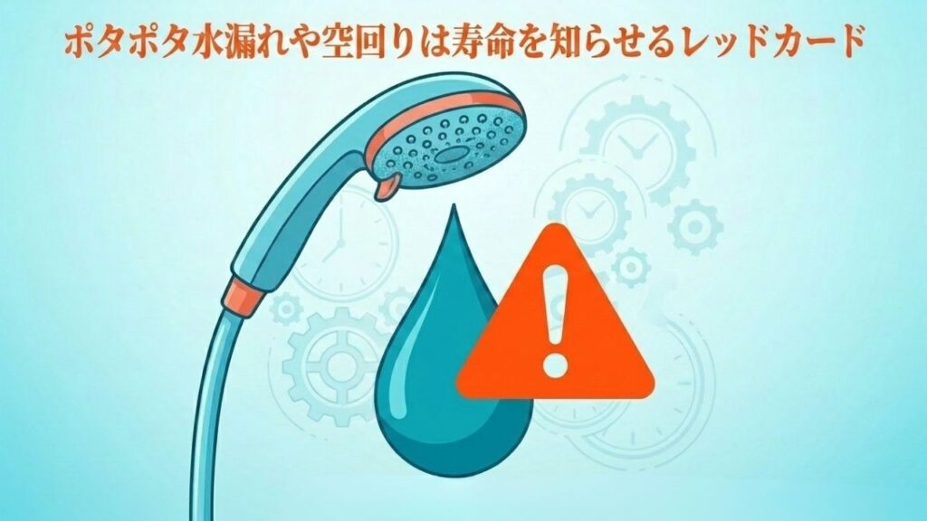 シャワーヘッドからのポタポタとした水漏れが寿命のレッドカードであることを示す警告マークのイラスト