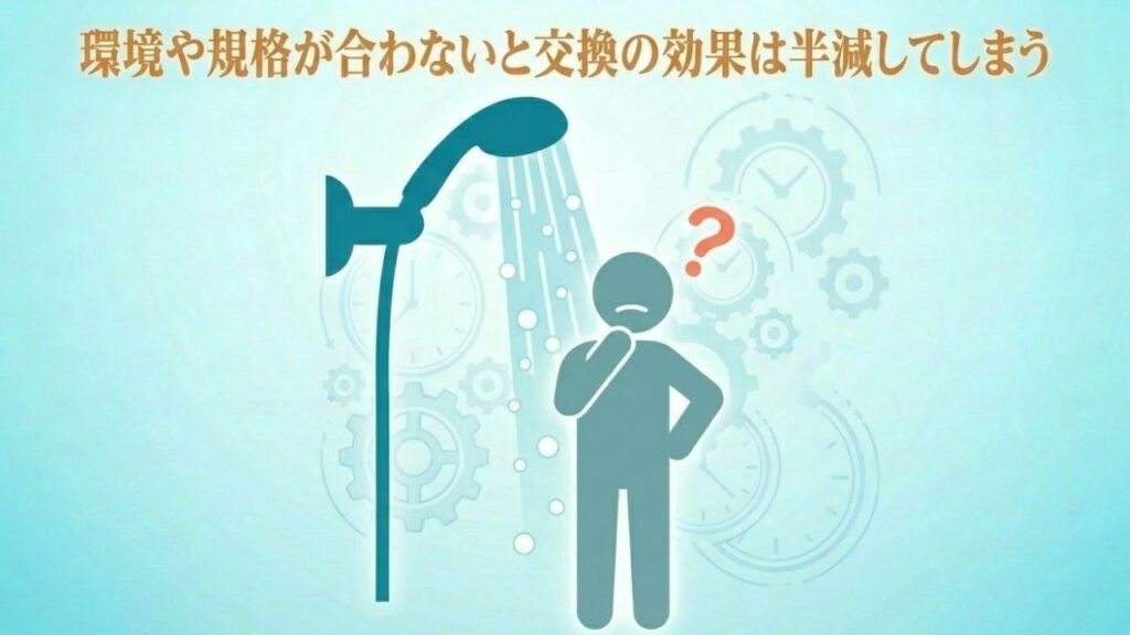 シャワーを浴びながら、環境や規格が合わずに交換効果が出ないことに悩んでいる人のイラスト