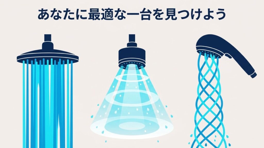 最適なシャワーヘッド選びのまとめを促すイメージ