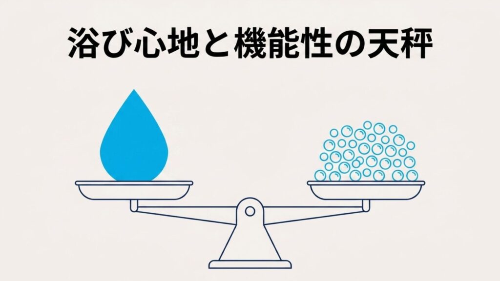浴び心地(水量)と節水・美容機能のトレードオフを天秤で表現した図