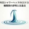 SANEIシャワーヘッドから水が出ているイラストと「SANEIシャワーヘッドの口コミは？種類別の評判と注意点」のタイトルテキスト