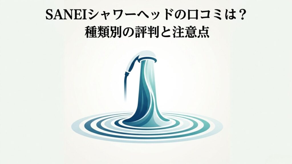 SANEIシャワーヘッドから水が出ているイラストと「SANEIシャワーヘッドの口コミは？種類別の評判と注意点」のタイトルテキスト