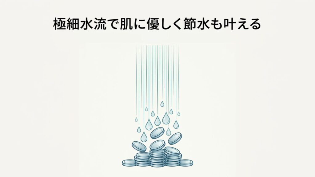 シャワーの水滴がコインに落ちているイラストと「極細水流で肌に優しく節水も叶える」のテキスト