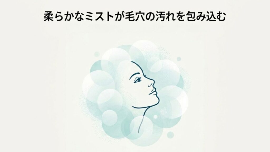 「柔らかなミストが毛穴の汚れを包み込む」のテキストとミストシャワーのイメージ