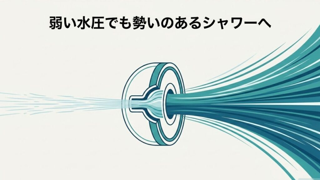 「弱い水圧でも勢いのあるシャワーへ」のテキストと勢いよく出るシャワーのイメージ
