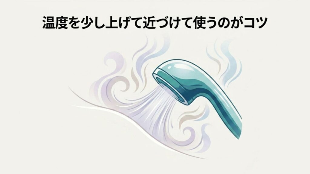 湯気が出ている温かいシャワーヘッドのイラストと「温度を少し上げて近づけて使うのがコツ」のテキスト