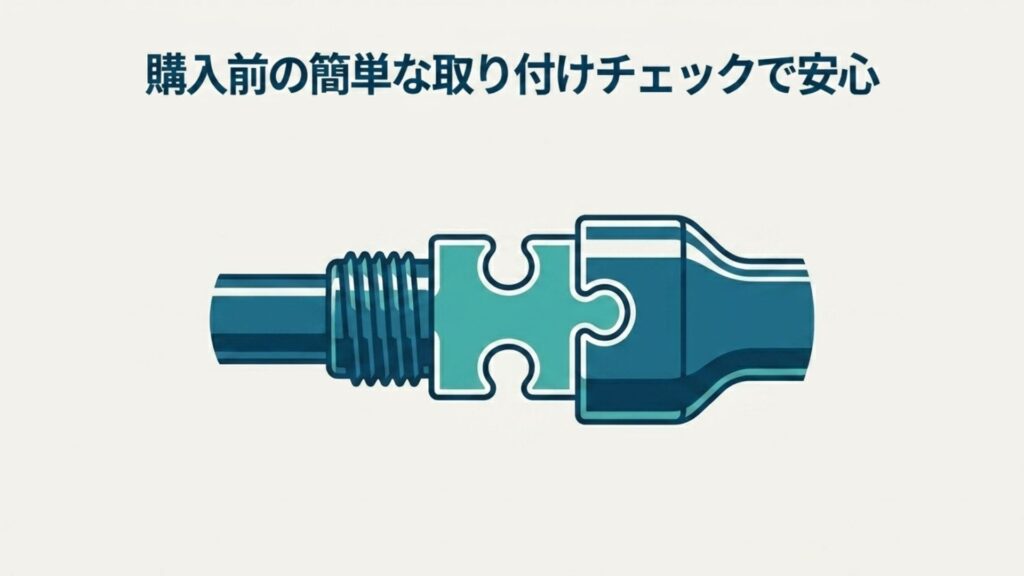 パズルのように組み合わさる配管部品のイラストと「購入前の簡単な取り付けチェックで安心」のテキスト
