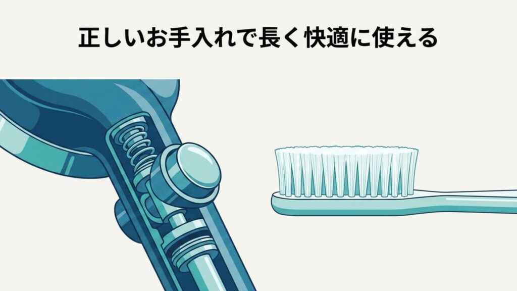 「正しいお手入れで長く快適に使える」のテキストとシャワーヘッドのメンテナンスイメージ