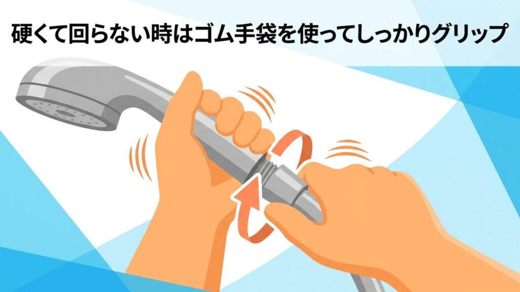 ゴム手袋をつけて固着した接続部を回す様子