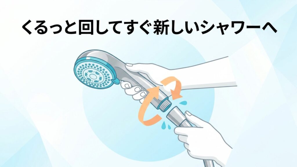 シャワーヘッドを回して取り外しているイラスト