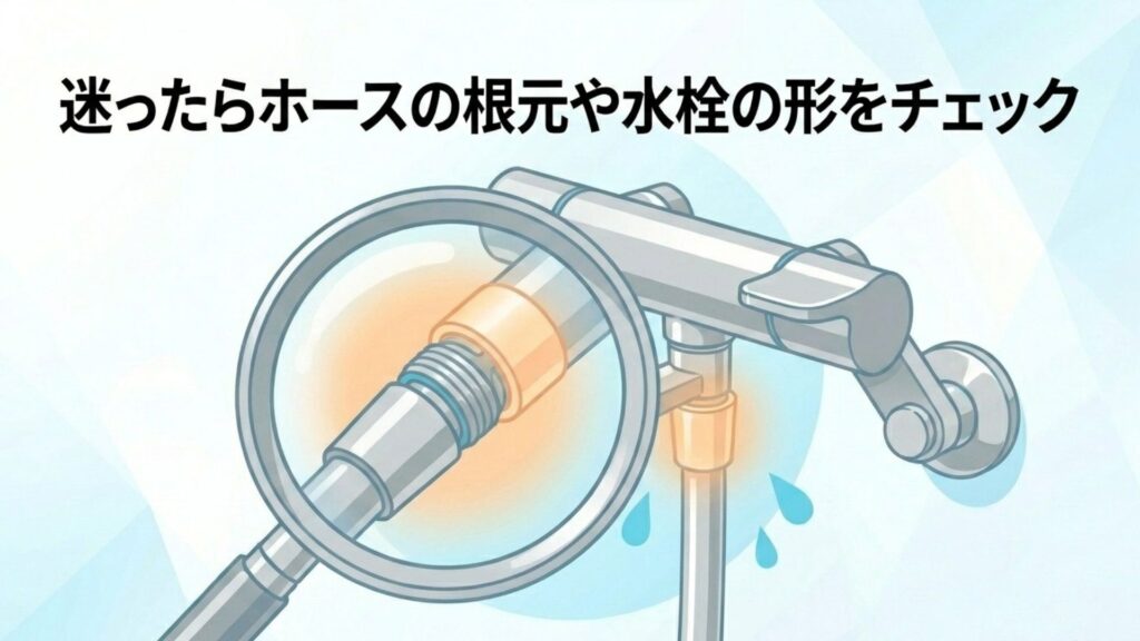 ホースの根元や水栓の形をチェックしている様子