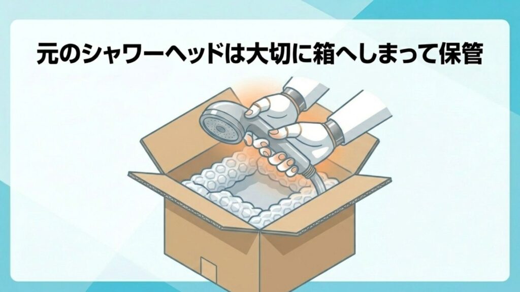 外したシャワーヘッドを箱に保管しているイラスト