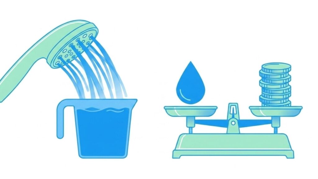 シャワーの使用水量と費用の関係を計量容器と天秤で表した節水効果のイラスト