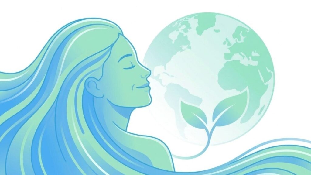 快適な浴び心地と節水による環境への配慮を人物と地球や葉で表したイラスト